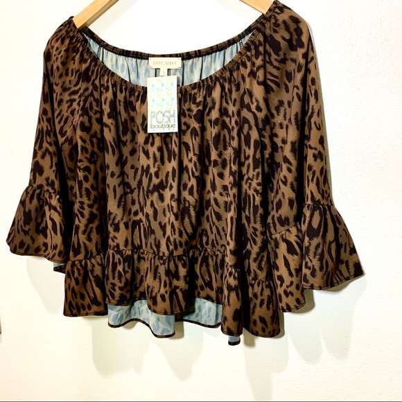 POSH BOUTIQUE BROWN BLACK RUFFLED LEOPARD PRINT BLOUSE NEW WITH TAG - Picture 3 of 12